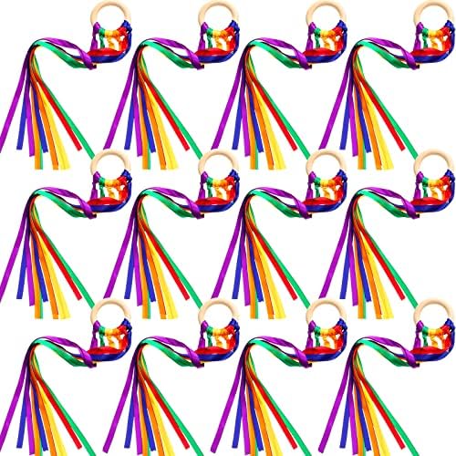Deekin 12 kom. Rainbow vrpca drvena Waldorf igračke Kreativni Waldorf ručni zmaj Set Streameri sa drvenim prstenom Senzornim učenjem