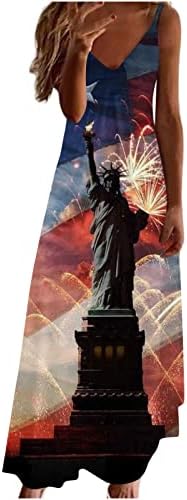 Oplxuo 4. jula Dan nezavisnosti haljina žene bez rukava špageti remen V vrat Maxi haljina Casual ljeto SAD Zastava haljine