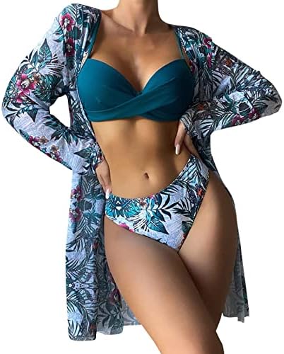 LCEPCY ženska modna trodijelna kupaći kostim push up cvjetni tiskani bikini setovi lagana mreža na rubu s dugim rukavima