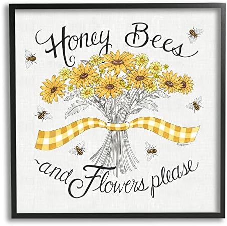 Stupell Industries medonosne pčele cvijeće Molimo izraz Vintage žute tratinčice Crne uokvirene zidne umjetnosti, 12 x 12