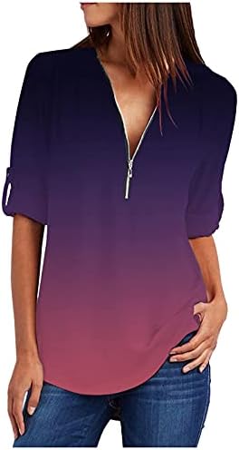 Ljetni tunički vrhovi za žene patentni zatvarač gradijentni majica Roll up rukava 2023 Ležerne haljive majice