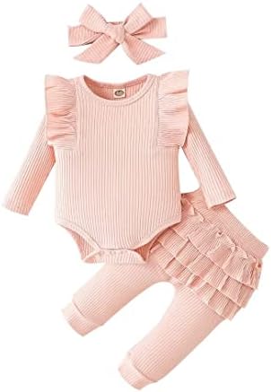 Bekarsy Baby Girl Odjeća za novorođenčad Fall Outfats Rebra Frill s dugim rukavima Romper Pant set 3pcs