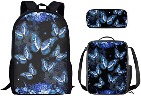 Aoopistc leptiri plavi ruksak 3 paketa ruksaci za posao / školu/na otvorenom uključujući školsku torbu i torbu za ručak pernica velike