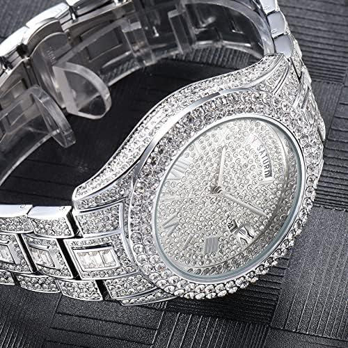 PLADEN Mens ledeni sat kristalni dijamantski sat koji treperi Hip Hop ledeni kvarcni sat 18K Zlatna Srebrna narukvica od nerđajućeg