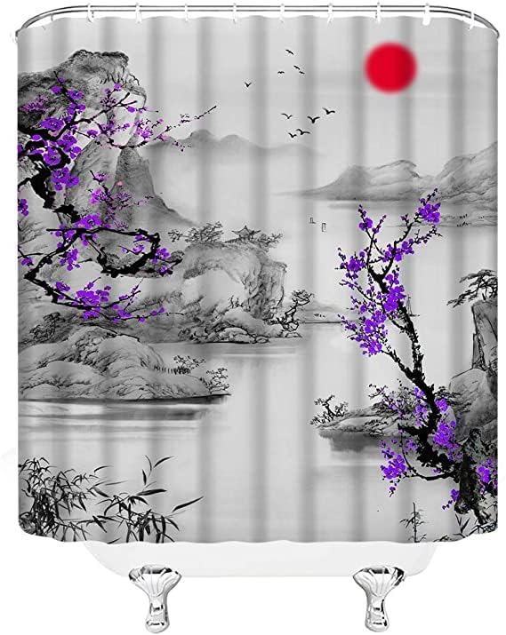 KKIAYY CHERRY BLOSSOM Tuš za tuš japansku ljubičastu šljivu Flower Misty Mountain Sun Bird Azijska mastila slika Tradicionalni orijentalni