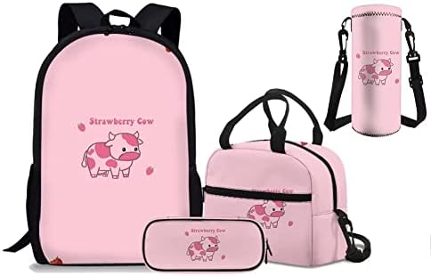 GIFTPUZZ Pink Cow Strawberry Pattern ruksak Set školskih torbi ruksak za odlaganje putnog prtljaga, prenosive torbe za ručak, lagane