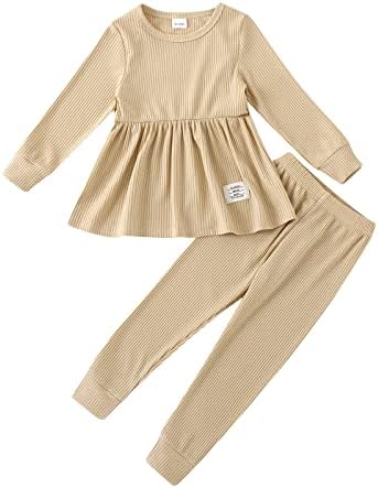 Kionafu Toddler Djevojčica Djevojka Odjeća Solidna rebrasta ruff ruffle vrhovi hlače pada zimske odjeće postavljene za djevojčice