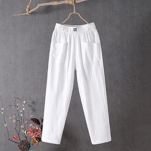 Casual pantalone za žene Pamučne posteljine obrezane široke noge Capris hlače Čvrsti visoki stručni džepovi Lounge Hlače Ljetne pantalone