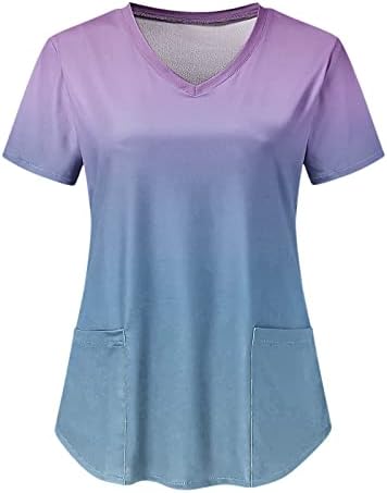 Ljetni Scrub_Shirts za žene modni gradijent radna odjeća V vrat kratki rukav bluza tunike vrhovi sa džepovima