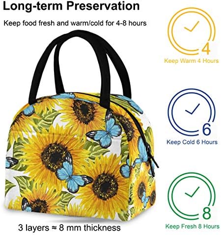 Izolovana torba za ručak za žene-Suncokreti plavi leptiri velika nepropusna torba za ručak sa naramenicama za rad