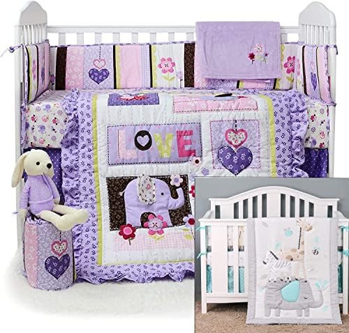 Brandream 6pcs Dječji krevetić za djecu za djevojčice i dječake sa ljubičastim slonom cvjetnim + safari elefant zebra dizajn