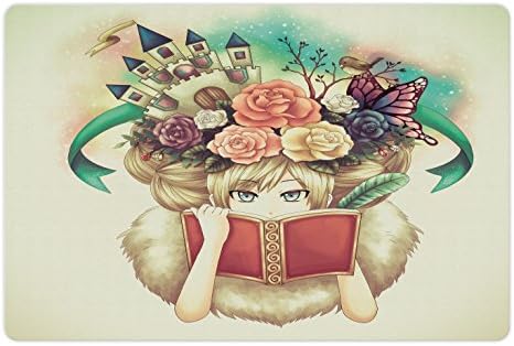 Lunarable Fantasy pet prostirka za hranu i vodu, Kreativna djevojka koja čita sa srednjovjekovnim zamkom leptir ruže Bird Dream World