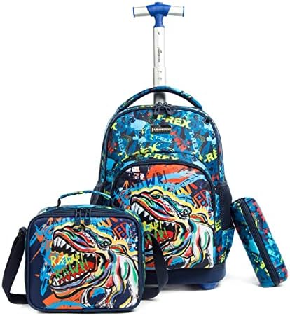 Meetbelify Rolling ruksak za dječake djeca dinosaurusi ruksaci kolica prtljaga putni kofer za osnovce predškolskog uzrasta sa kutijom