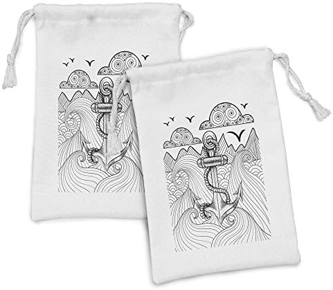 Ambesonne Sidrna tkanina torba od 2, Zentangle Style Ocean i oblaci Ručno izvučeno aranžman morska tema, mala torba za izvlačenje