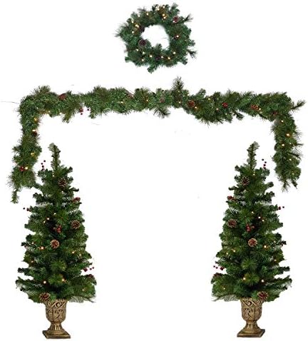 4-komadni set božićnog stabla | Vijenac, set 2 zlatne urnske bazne umjetne Xmas stabla i vijenac za ulaz vijenca, pre-nagnuta 180