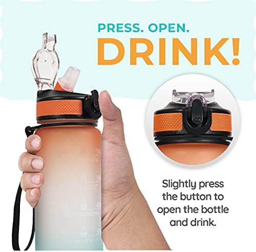 Solara neraskidiva silikonska boca za vodu 1 litre s motivacijskim markerom vremena, nepropusno izdržljivo boce bez toksičnih voda za ured, teretanu | Uključena e-knjiga detoksikacije | Narančasta teal