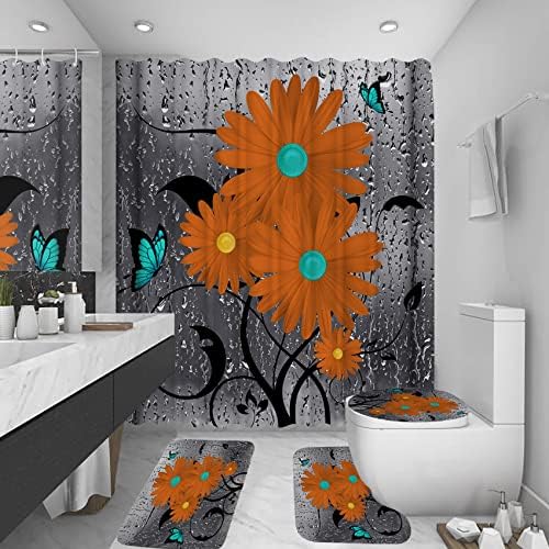 Guassi 4pcs Narančasti tuš za tuširanje setovi sa kliznim prostircima, toalet poklopac poklopca i prostirke za kadu, cvjetni leptir