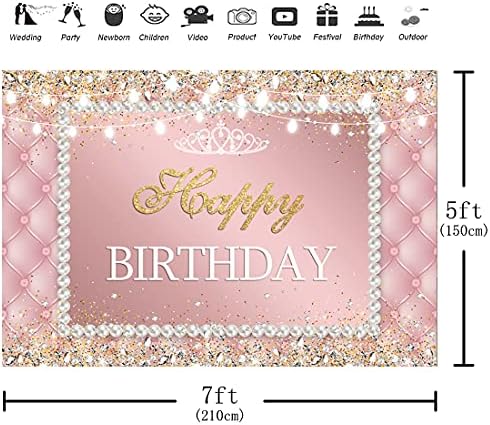 Aperturee 7x5ft Pink Happy Birthday Backdrop Crown Pearls Diamonds Gold Dots Girl Women Sweet 16th 18th 21st fotografija pozadina