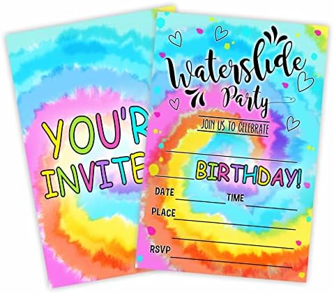 TIE DYE Rođendanske pozive - Waterslide Party - Rođendanske kartice za pozivanje (20 brojeva) sa kovertama, ispunite stil Pozovite