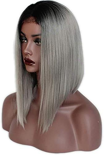 YTOOZ Ženska Moda prirodna perika za glavu čipkasti gradijent siva ravna kosa 16 inča perika