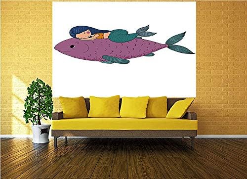 Zidni mural 96x69 inča, baby sirena spava na vrhu džinovske ribe sretne najbolje prijatelje dječje jasnjeg tematske kore i sjedište