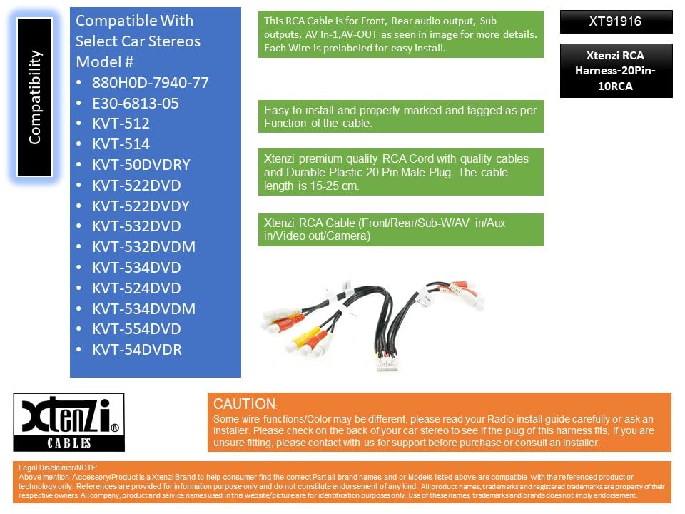 Xetenzi 20pin RCA montaža kabela kabelskog snopa audio video kompatibilan sa JVC KENWOOD KVT-514 KVT-512 KVT-516 - XT91916