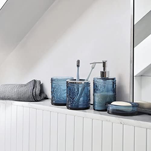 5pcs tamno plava staklena oprema za kupatilo set s ukrasnim pritiskom uzorka - uključuje dispenzer ruku i suđe za ručnu i sapunu i