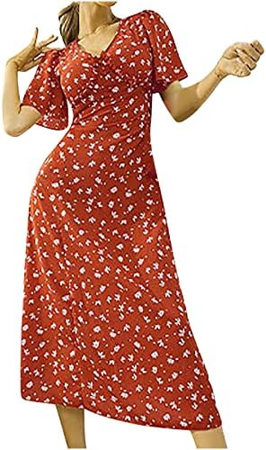 Ženska casual ljetna haljina lepršava kratki rukav, četverova haljina boemska cvjetna print Slim midi zabava