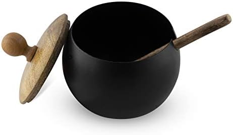 GOcraft šećer posuda i komplet kerača | Matte crno gvožđe čašica i zdjela sa drvenim poklopcem i kašikom za šećernu kafu koja poslužuje