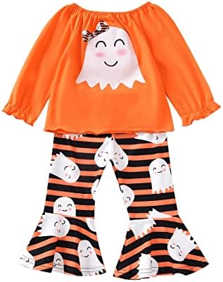 Xbgqasu Toddler Kids Girls Outfit Noć vještica Prints Dugi rukavi Vrhovi Stripe Bell donje hlače 2pcs Postavite odjeću za bebe Bonds