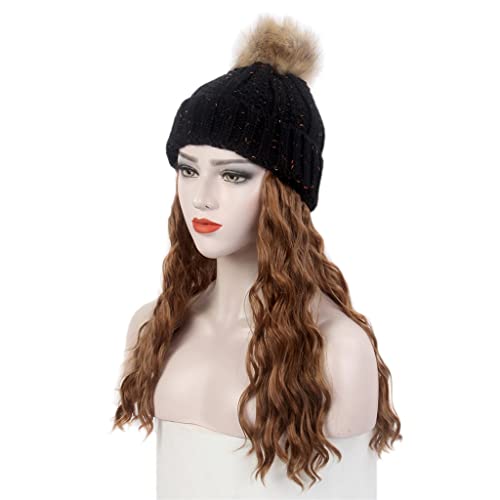 WONDER ME Fashion ženski šešir za kosu crni pleteni šešir perika duga kovrčava smeđa perika i šešir