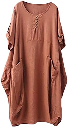 Ženska lanena majica tunika suknja okrugli vrat kratki rukav čvrsta ljetna Casual Plus veličina sa džepnom haljinom