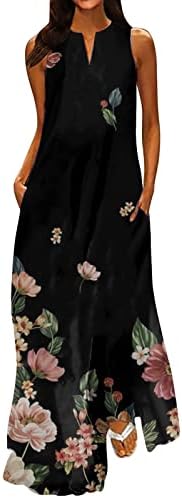 Ženski ljetni casual print bez rukava V izrez Maxi Labava haljina Boho Beach Long Cami Seunderss s džepovima