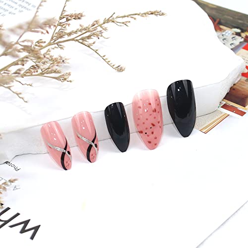 Pritisnite na nokte kratki bademovi lažni nokti sa ljepilom neutralni ružičasti Crni umjetni nokti srednje dužine s dizajnom akril