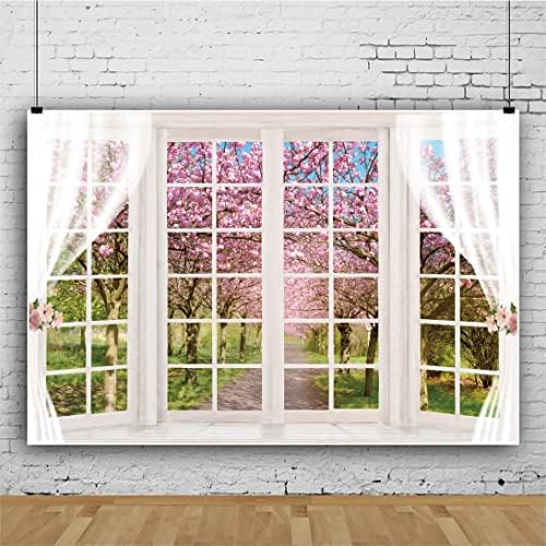 DORCEV 10x8ft opružni prozor krajolik pozadina Pink Cherry Blossom Drvo proljeće prirodni krajolik sunce trava Bijela zavjesa fotografija