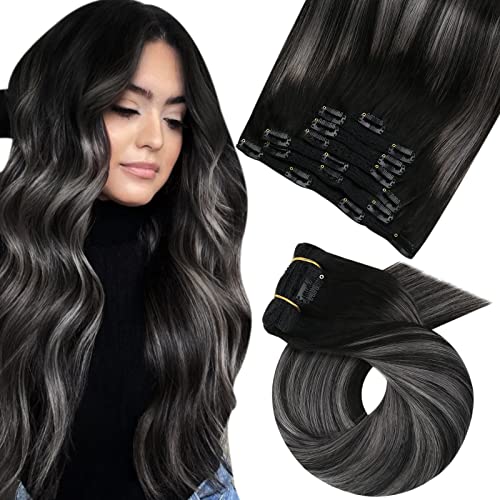 Moresoo Bundle Clip+Sew in Human Hair Extensions 16 Inch Double Weft Hair Extensions Color 1b Off Black Ombre to Silver pomiješano