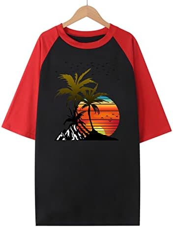 Plus veličine za žene Raglan Color blok kratki rukav Crewneck Beach Sunset Ispiši labavu fit bluzu dressy casual majica