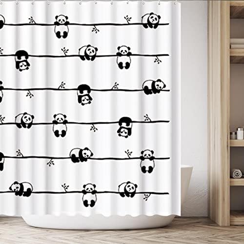 Allenjujoy Pandas Curring Set Slatka beba na bamboosu 72x72 inča sa 12 kuka za kupatilo kupatilo, crnim i bijelim medvjedom Dekor