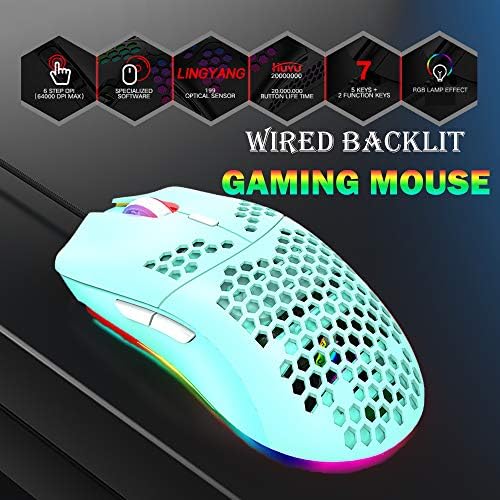 Žičani igrački miš, 6 RGB rasvjeta 6400 DPI programirajući USB igranje miševa sa 6 tipki, ergonomski dizajn saća za saće za PC igračice i Xbox i PS4 korisnike - zelene boje