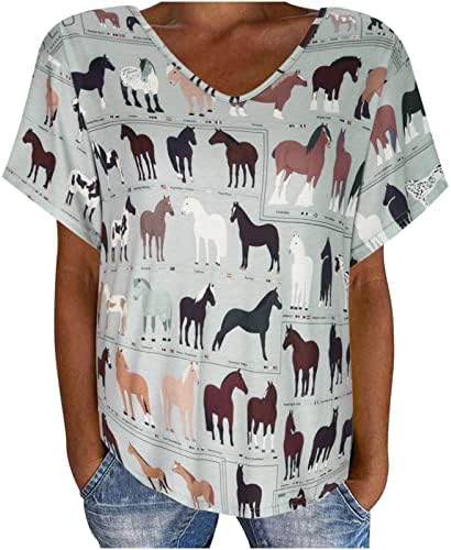 Žene Ljetne vrhove Zapadne konjske grafičke majice Majice Kratki rukav udoban tunik Vrh labavih FIT V izrez povremene bluze