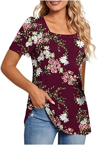 Ljetni vrhovi za žene 2023 Trendi cvjetni tiskani kratki rukav četverokutni vrat majica sa slobodnim pulovernim bluzama