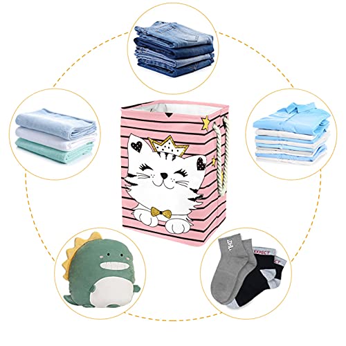Korpa za veš mačka Pink Stripe sklopive korpe za veš odeća ometa kantu za veš vodootporna podstava i vezica 19, 3x11, 8x15, 9 in