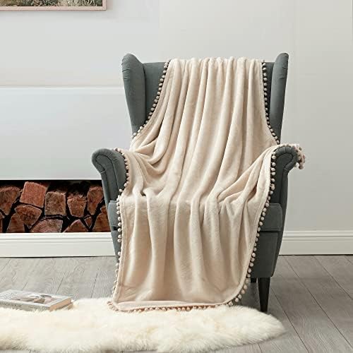 Nordeco Home Flannel bacajte pokrivač - mekana udobna topla pokrivač sa pompomim obrubom za kauč kauč kauč kauč, 50 x 60, teal plava