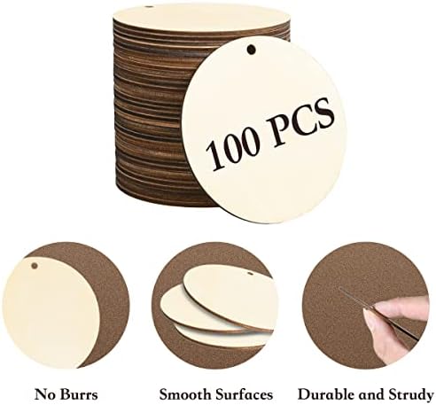 101 PCS 3 inčni Neposredni krugovi drvenih krugova za obrt sa rupama, prazan drveni znak, okrugli drveni krugovi za pletene obnare,