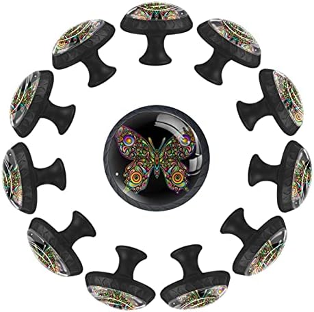12 komada Art šareni leptir crni uzorak stakleni gumbi za Komode, 1,37 x 1,10 u okruglim kuhinjskim ormarićima za dječiju sobu za