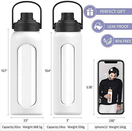 Kodrine staklene boce sa slamom, 32 oz boce sa 2 poklopca - ručka s kapuljačnim poklopcem i bambusovim slamom poklopcem, motivacijska boca sa silikonskim rukavima, širokim ustima, BPA, BPA, BPA