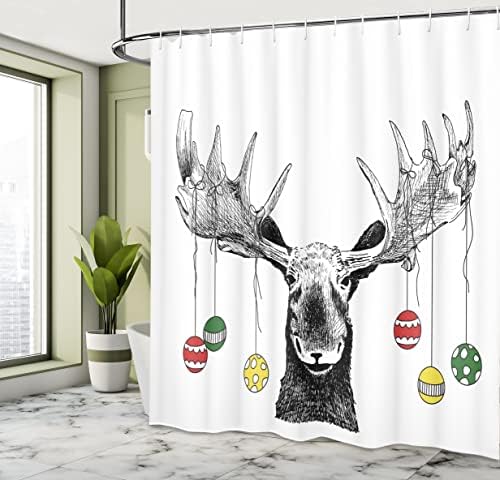 Ambesonne božićna zavjesa, božićna losa sa kuglice u ormaru koji visi s roga smiješna noel skica umjetnost, tkanina od tkanine kupatilo
