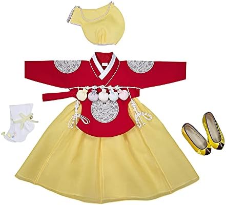 Djevojčica Hanbok korejski prvi rođendan Dol Party 100. dana Baikil proslava Odjeća Set žuta crvena HJG02